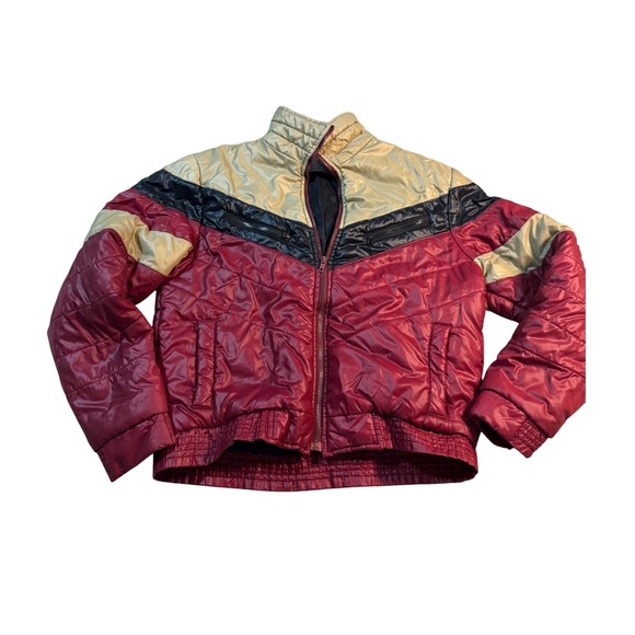 Vtg Alpine Ski80s Puffer Jacket Red Black Gold‎ Chevron Winter Coat Size L
